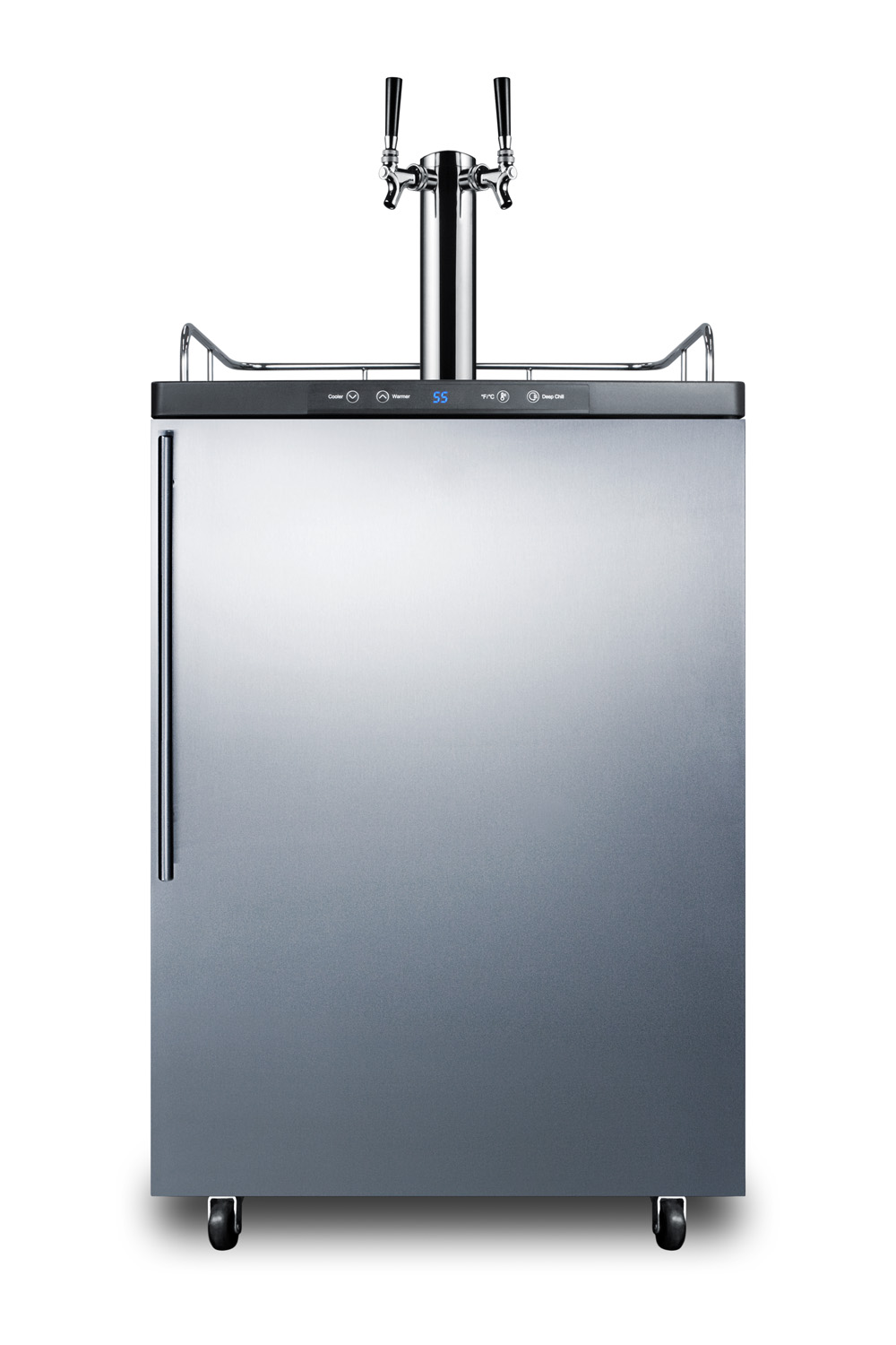 Freestanding residential beer dispenser, auto defrost with digital thermostat, stainless steel wrapped door, thin handle and black cabinet